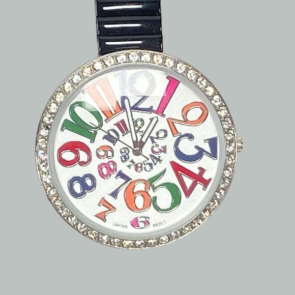 Geneva Platinum Womens Stretch Black Band Round Rhinestone Face Colorful Numbers - Picture 3 of 8